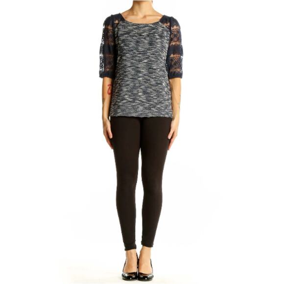 New ANTHROPOLOGIE Women's Navy Postmark Patel Tweed Lace Sleeve Top Size L - Picture 9 of 9